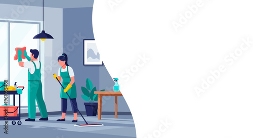 Professional Cleaning Service Banner Template with Workers Mopping Floor and Washing Windows