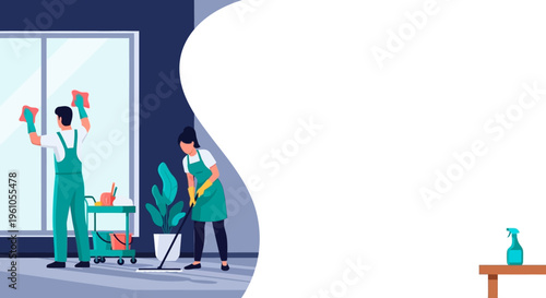 Professional Cleaning Service Team Working in Modern Interior with Copy Space Illustration