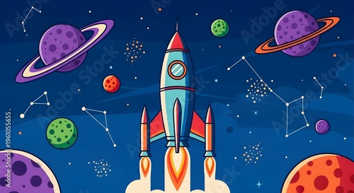 A vibrant cartoon illustration of a rocket soaring through the cosmos, past colorful planets and constellations