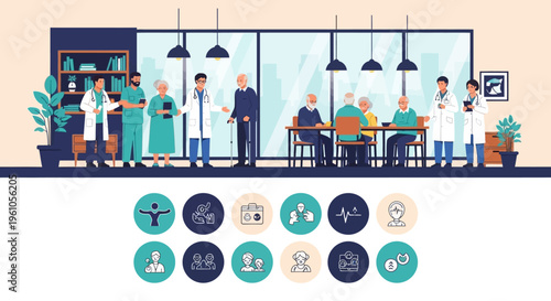 Modern Elderly Care Facility Illustration Featuring Senior Citizens and Medical Professionals in a Nursing Home Setting with Healthcare Icons