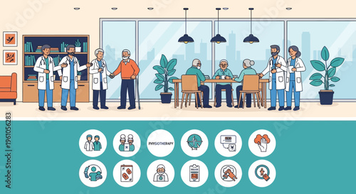 Senior Care and Physiotherapy Illustration: Healthcare Professionals Assisting Elderly Patients in a Modern Nursing Home Facility with Medical Service Icons