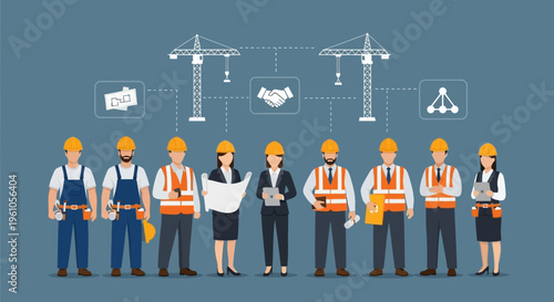 Construction Team Vector Illustration of Professional Crew, Engineers, and Architects Collaborating on Building Projects