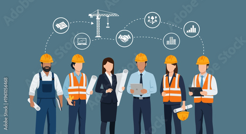 Construction Project Management Team Vector Illustration with Engineering Experts, Architects, and Industrial Workflow Icons