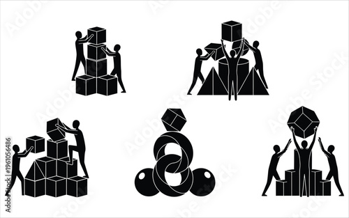 Collaborative teamwork and geometric progression symbolized by figures and shapes