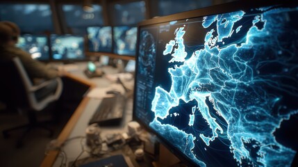 A person monitors multiple digital maps of Europe on computer screens in a control room, highlighting network connections and data flow.