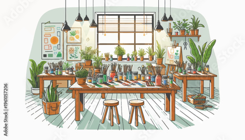 Indoor Greenhouse with Plants and Tables.