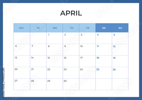 Daily planner. April 2026 minimal calendar template, week starts Monday.