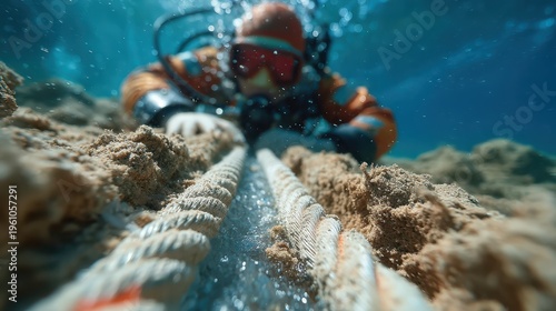 A diver underwater inspects or secures thick ropes covered with marine growth, surrounded by bubbles and clear blue water.