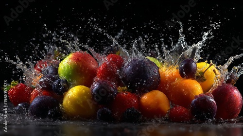 A vibrant pile of fresh fruit splashing in water against a dark background