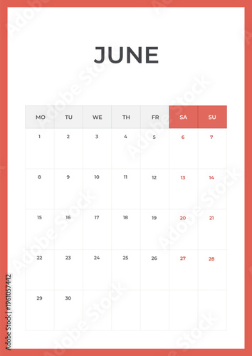 Daily planner. June 2026 minimal calendar template, week starts Monday.