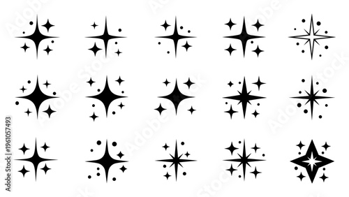 Black sparkle and star icon set with twinkling light symbols for graphic design and UI decoration