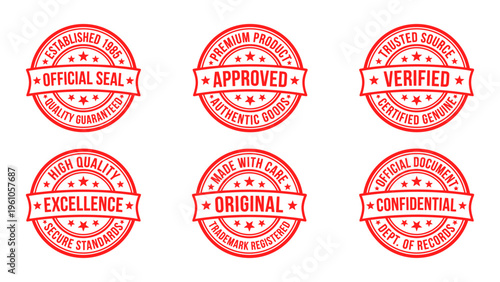 Red rubber stamp icon set for official seal approved verified and confidential business certification