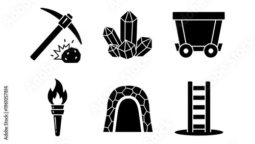 Mining and extraction icon set featuring pickaxe crystals mine cart torch tunnel and ladder for industrial design