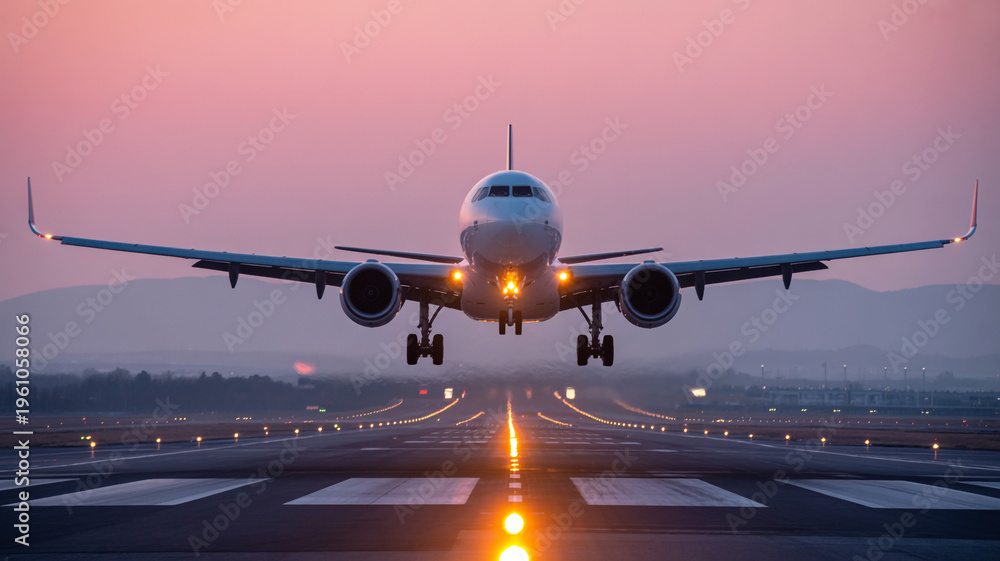 Naklejka premium Airplane landing on airport runway at sunset