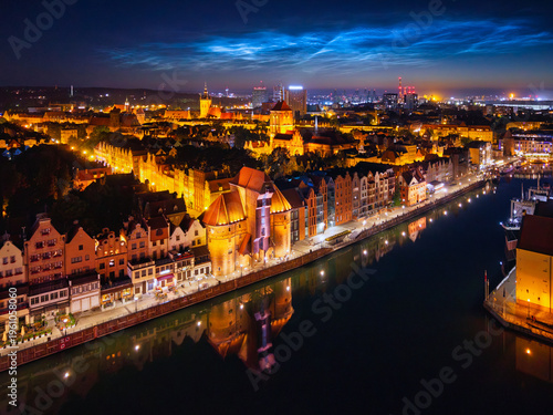 Noctilucent Clouds over the Gdansk Main Town at summer night, Poland.