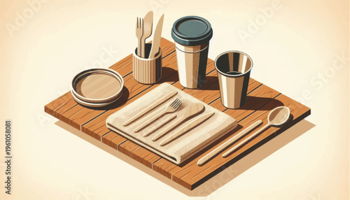Reusable bamboo cutlery set on wooden board.