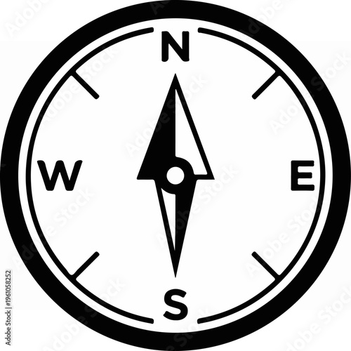 Black and White Compass Pointing North Directional Navigation.