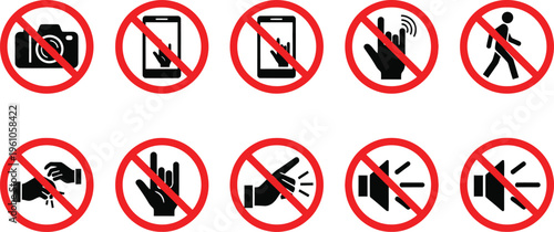 Collection of ten distinct black prohibition signs displays various forbidden actions like.