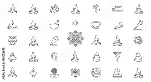 yoga meditation icons set with people sitting in lotus position and various symbols