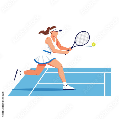 Woman tennis player hitting ball on blue court, active lifestyle, sport illustration