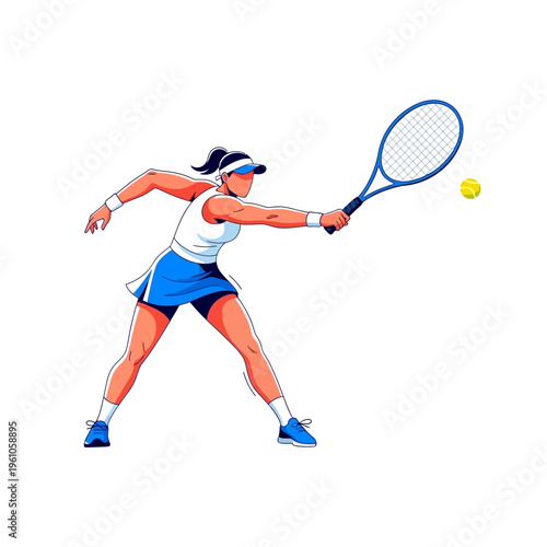 Woman Tennis Player Hitting Ball On White Background, Sport Action