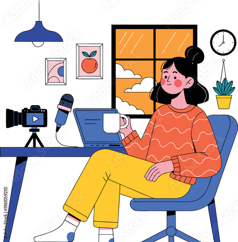 Cartoon woman sitting at desk with laptop, microphone, and camera, recording video podcast or vlog with coffee on white background