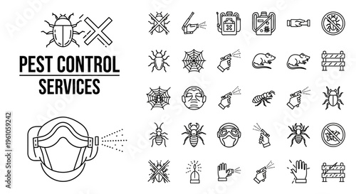 Pest control services icons set with bug spray and protective mask