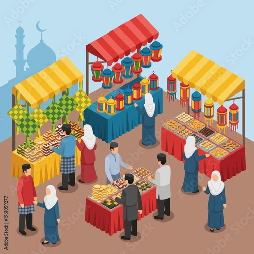 Vibrant Ramadan Market Scene with People Shopping.