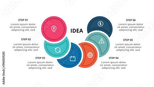 Essential infographic with 6 steps, options, parts or processes. Business data visualization.