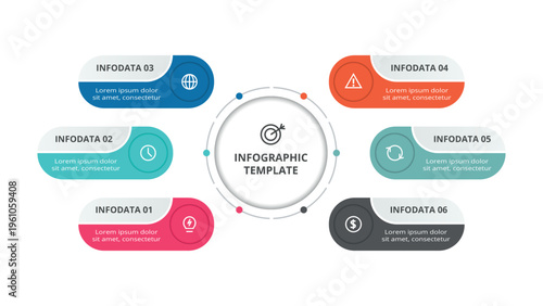 Essential infographic with 6 steps, options, parts or processes. Business data visualization.
