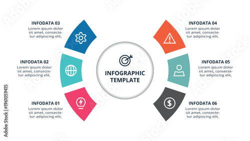 Essential infographic with 6 steps, options, parts or processes. Business data visualization.