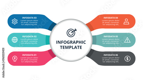 Essential infographic with 6 steps, options, parts or processes. Business data visualization.