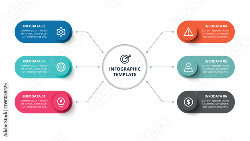 Essential infographic with 6 steps, options, parts or processes. Business data visualization.