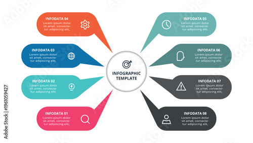 Essential infographic with 8 steps, options, parts or processes. Business data visualization.