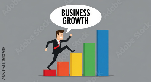Businessman Climbing Colorful Bar Graph with Speech Bubble Business Growth Concept Achieving Success and Career Development on Gray Background
