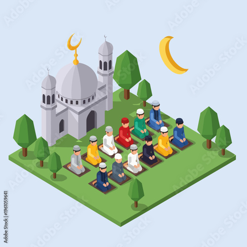 Muslim Men Praying Outside Mosque Building.