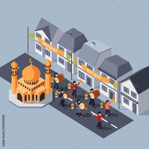 Mosque and Buildings with People Gathering.