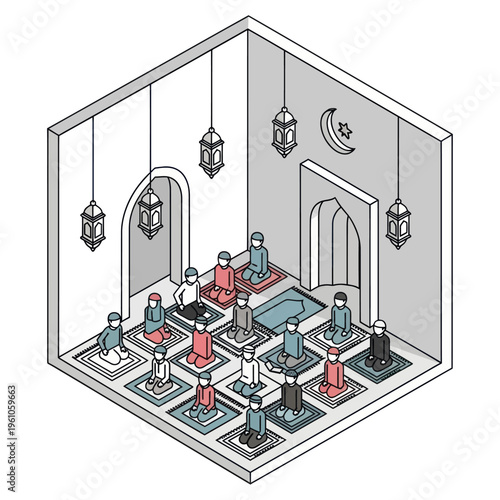 Muslims Praying in Mosque Isometric Illustration.