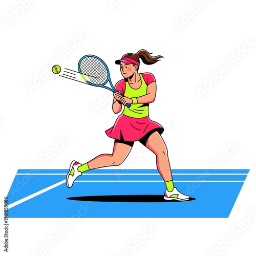 Female Tennis Player Swinging Racket on Court