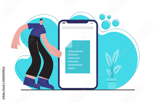 Flat illustration of a man interacting with a smartphone displaying a digital document. Concept of mobile document management, file upload, cloud storage and paperless workflow technology.