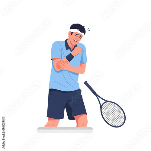 Tennis player injured arm, pain, ache, sports injury, athlete suffering, isolated on white