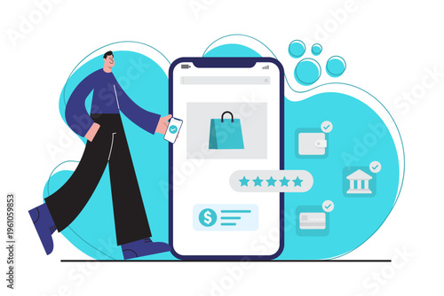 Flat illustration of a man shopping online via smartphone with rating stars, payment options, and digital wallet icons. Concept of e-commerce, secure payment and online transactions.