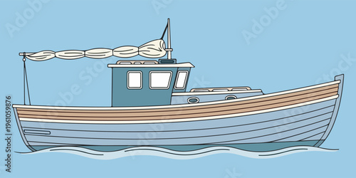 Traditional wooden fishing boat with sail on calm sea water eps 10