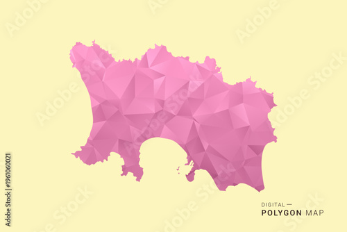 Jersey Map - Low poly polygon map design in soft pink pastel gradient on beige background, modern minimal geometric style, clean digital vector illustration.