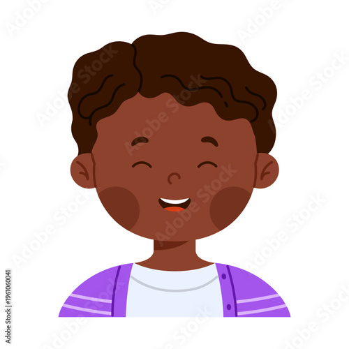 Laughing cute African American  boy character with joyful facial expression. Facial expression concept. Happy child avatar with positive emotion. Isolated vector illustration