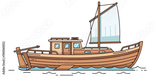 Traditional wooden fishing boat with sail on calm sea water eps 10