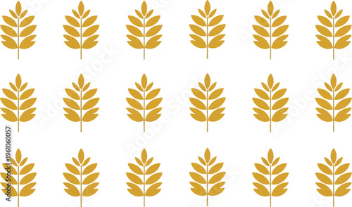 Pattern of golden wheat stalks arranged neatly in three horizontal rows against white.