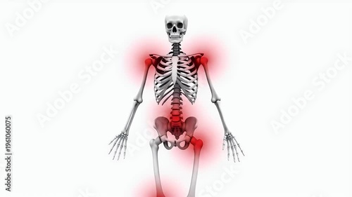 Anatomical skeletal system with highlighted areas of pain and discomfort