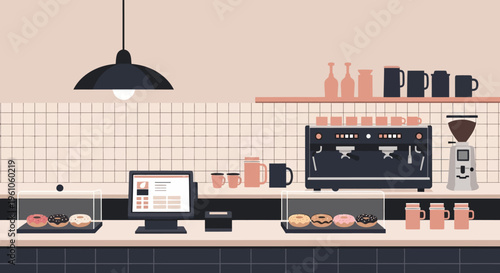 Modern Coffee Shop and Bakery Interior Vector Illustration featuring Espresso Machine, Donuts, and POS System in Minimalist Style