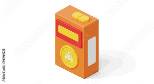 3D Isometric Cereal Box or Flour Pack Icon with Wheat Symbol - Organic Food Packaging Illustration Isolated on White Background